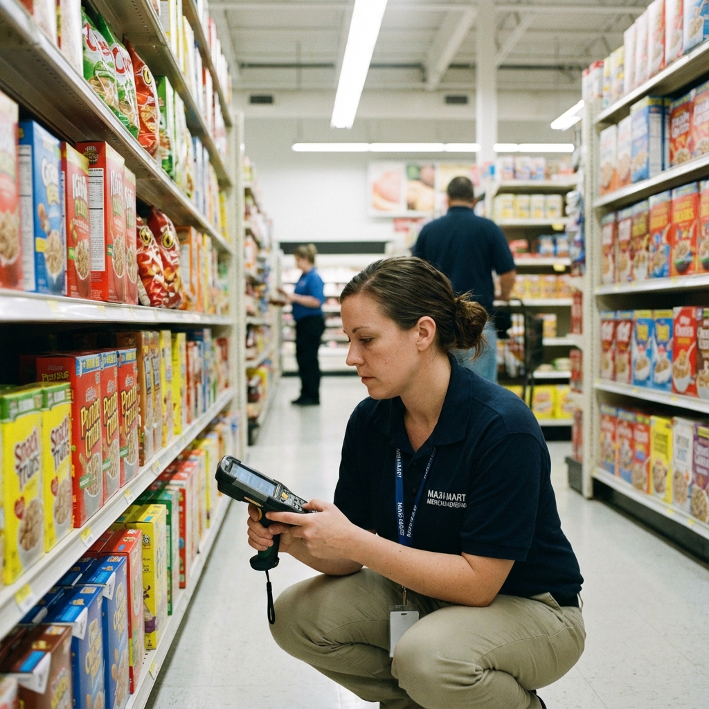 Merchandiser effectuant un relev� en rayon