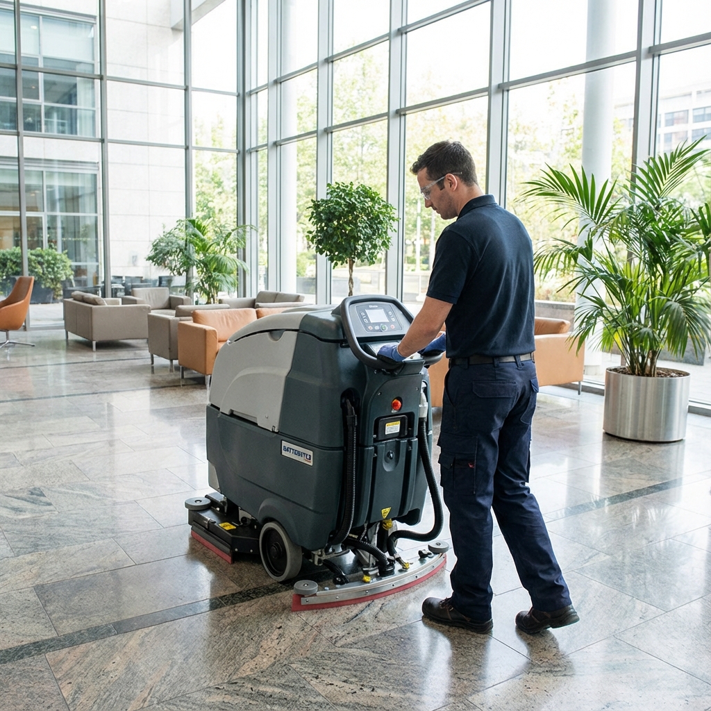 Professional cleaning staff using floor scrubber in modern building