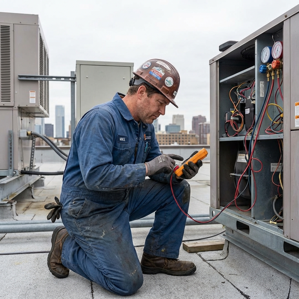 Technician repairing equipment